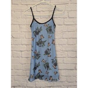 Y2K Dolls Kill Baby Blue Butterfly Floral Mesh Dress Size XS Ringer black trim